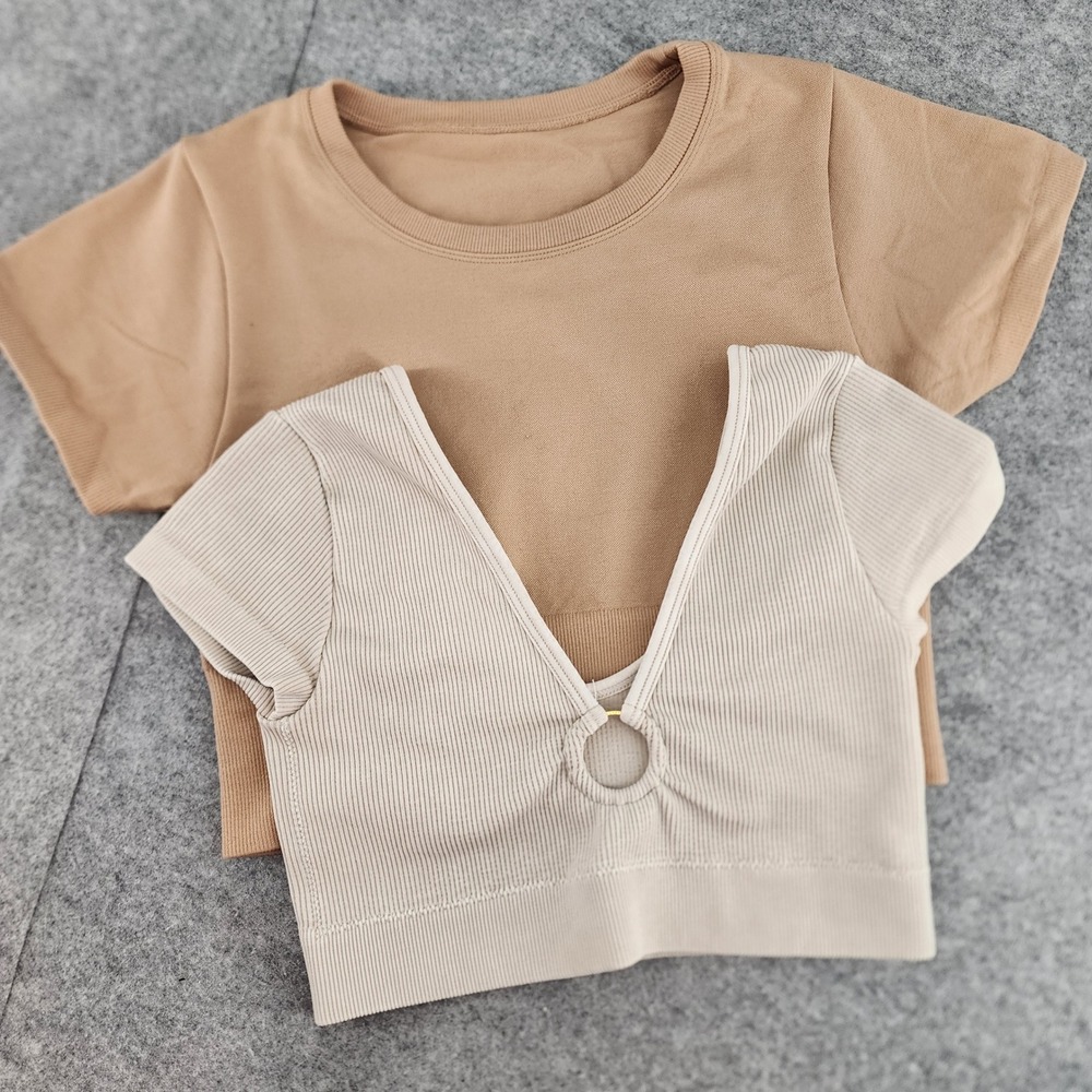 x2 Aerie OFFLINE Ribbed O-Ring V-Neck Short Sleeve Crop Top Bundle Tan Cream S/P